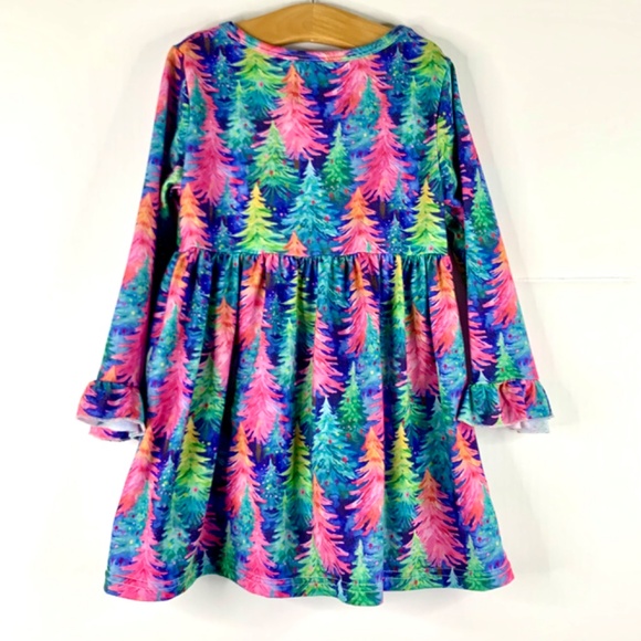Girls Christmas Tree velour Pink princess multicolored festive flare top dresses - Picture 9 of 16